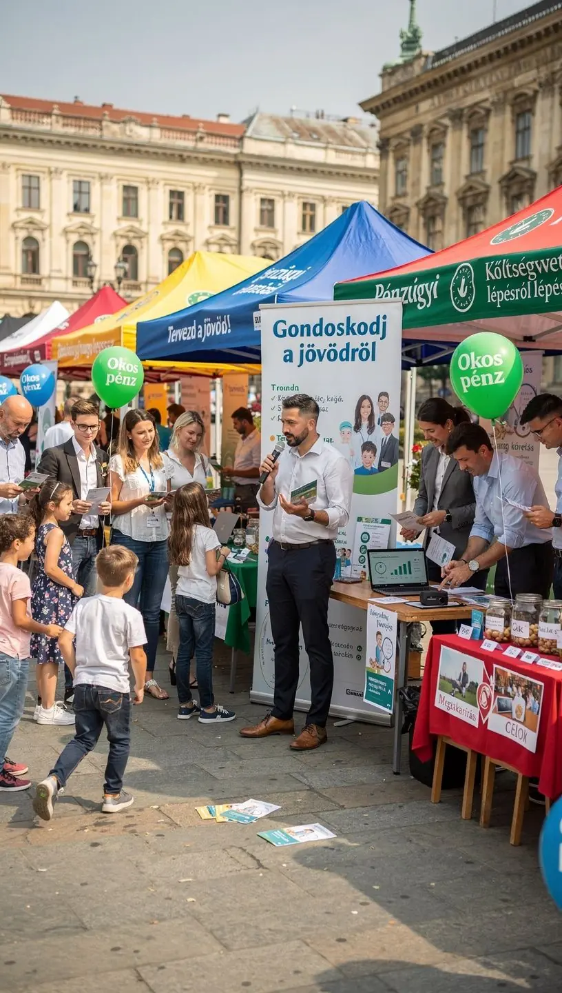 Könyvborító, amely a pénzügyi tudatosság növeléséről szól, színes grafikával.