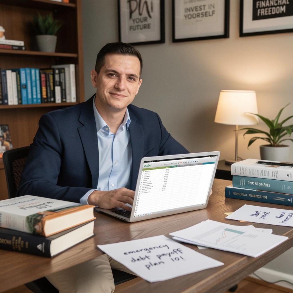 Pénzügyi tervezéshez kapcsolódó könyvek és jegyzetek asztalon.